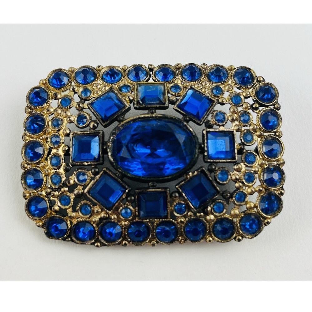 Vintage Large Sapphire Blue Crystal Rhinestone Art Deco 1940s Brooch Pin Czech